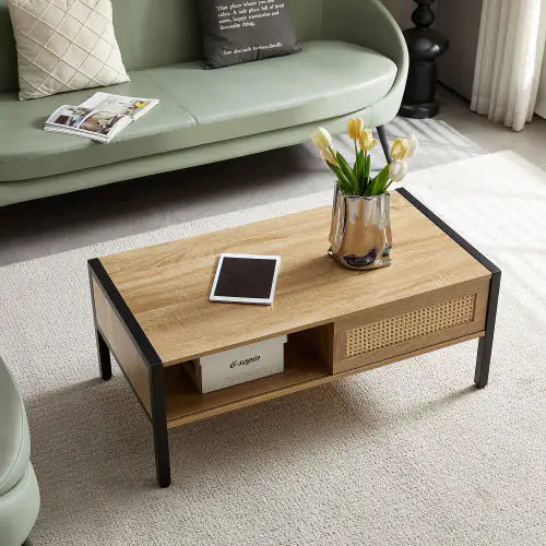 SHS-40" Natural Rattan Coffee Table with Sliding Door Storage & Metal Legs – Modern Boho Style for Living Room