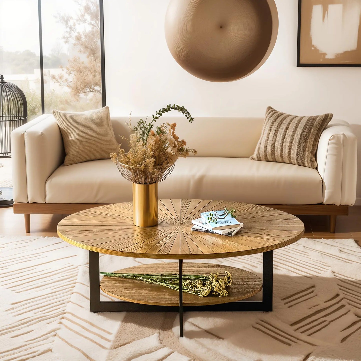 SHS-DS-HOMEPORT 2-Tier Oval Wood Coffee Table with Storage, Rustic Espresso Center Table for Living Room with Metal Legs, 47" Mid-Century Modern Coffee Table