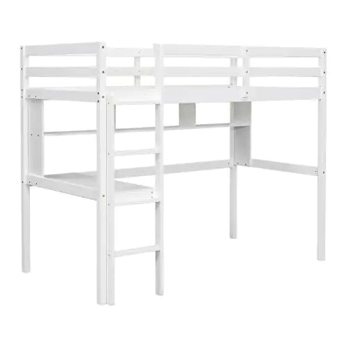 Twin Size Loft Bed with Desk, Shelves, Safety Guardrail, and Ladder, White Finish