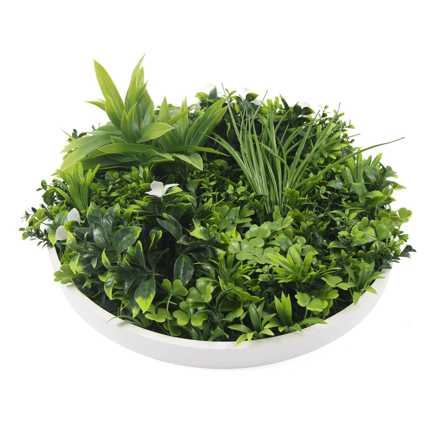 Artificial Green Wall Disc 20" with White Frame, UV Resistant Faux Plant, Safe for Family and Pets, Eco-Friendly Living Wall Art