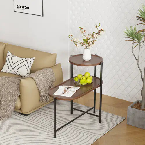 SHS-Modern 2-Tier Small Coffee Table with Wood Storage Shelf – Oval Sofa Side Table for Living Room or Bedroom, Walnut Brown