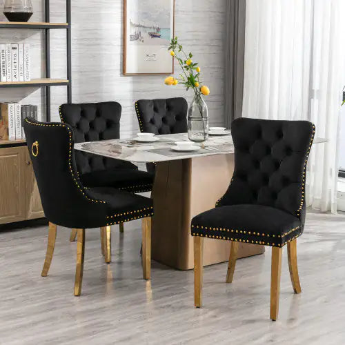 A&A Furniture Nikki Collection Black Velvet Upholstered Dining Chair with Golden Stainless Steel Legs, Set of 2 – Modern Tufted Design with Nailhead Trim