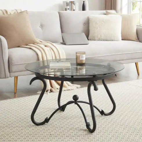 SHS-2-Piece Round Glass Coffee Table Set – Rustic Black Tempered Glass & Metal End Tables for Living Room