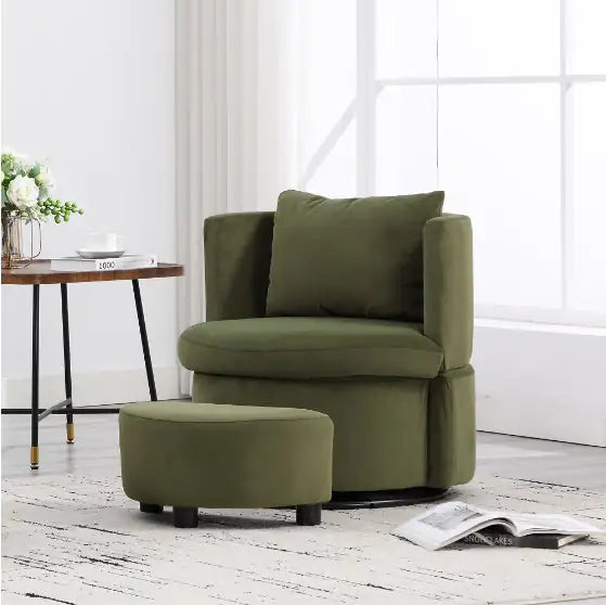 Upholstered Bucket Dining Chair with Ottoman - Fabric Side Chair with Storage, Swivel Armchair for Living Room, Beige & Olive