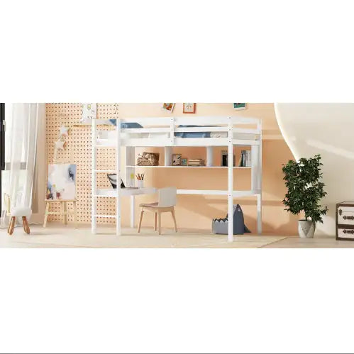 Twin Size Loft Bed with Desk, Shelves, Safety Guardrail, and Ladder, White Finish