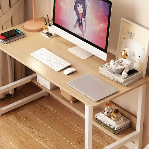Wooden Computer Desk with Storage Rack, Home Office Desk, Laptop Desk with Bookshelf, Modern Metal Frame, Light Oak Finish
