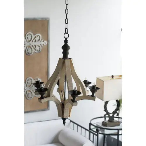6-Light Wood Chandelier with Adjustable Chain for Kitchen & Dining Hall, Distressed White & Black Iron Fixtures, Bulb Not Included