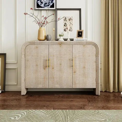 TREXM Vintage Minimalist Curved Sideboard with Gold Handles and Adjustable Shelves for Living or Dining Room (Natural Wood Wash)