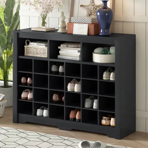 ON-TREND Modern 24-Shoe Cabinet Console, Multifunctional Sideboard with Curved Base, Black