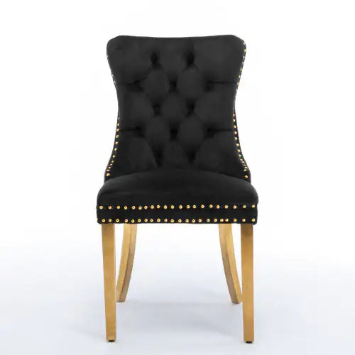A&A Furniture Nikki Collection Black Velvet Upholstered Dining Chair with Golden Stainless Steel Legs, Set of 2 – Modern Tufted Design with Nailhead Trim
