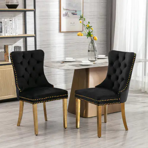 A&A Furniture Nikki Collection Black Velvet Upholstered Dining Chair with Golden Stainless Steel Legs, Set of 2 – Modern Tufted Design with Nailhead Trim