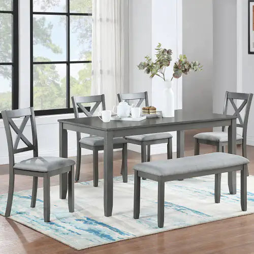 6-Piece Rectangular Dining Set, Gray Acacia Wood Table with 4 Upholstered Chairs and Bench, Seating for 6