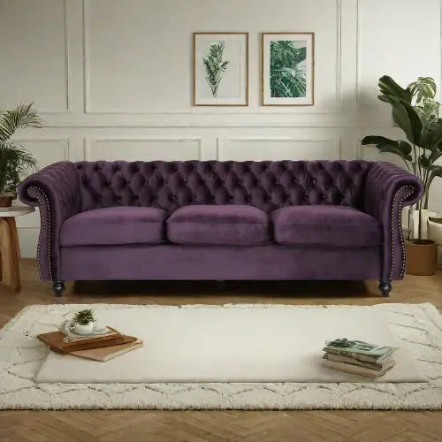Luxurious 3-Seater Purple Velvet Sofa – Classic & Contemporary Design