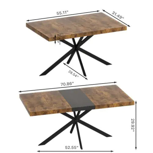 55.11" - 70.86" Retro Rectangular Stretch Dining Table with Antique Wood Top, Black Relief Plate, Metal Cross Iron Foot Base & Storage Box
