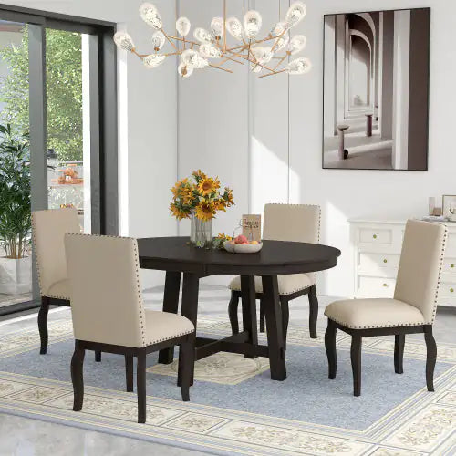 5-Piece Farmhouse Dining Table Set with Round Extendable Table & 4 Upholstered Chairs in Espresso