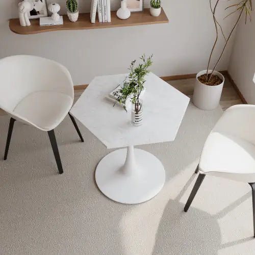 31.5" Modern Hexagonal Coffee Table – White Faux Marble Top with Metal Base, Small Space Accent Table for Living Room, Kitchen, or Dining Room