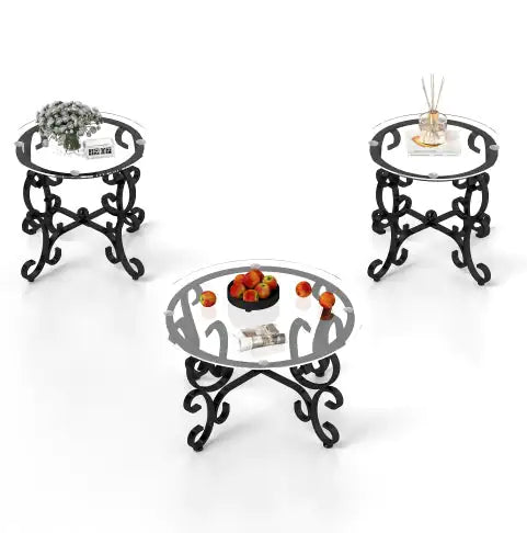 SHS-3-Piece Glass Coffee Table Set – Modern Round Coffee & End Tables with Tempered Glass Top and Metal Frame, Rustic Black Living Room Furniture