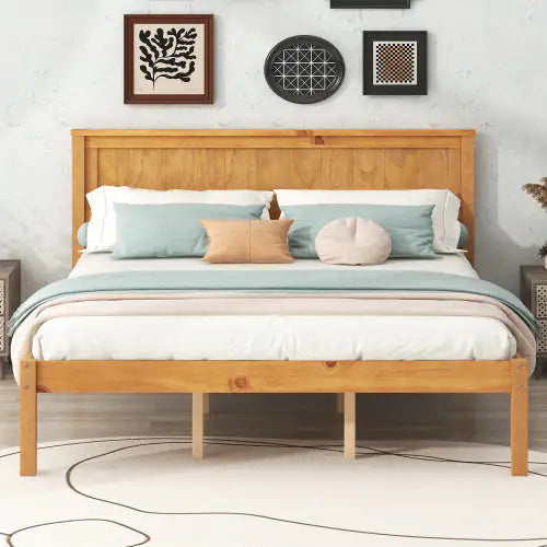 Platform Bed Frame with Headboard, Wood Slat Support, No Box Spring Needed, Queen, Oak Finish