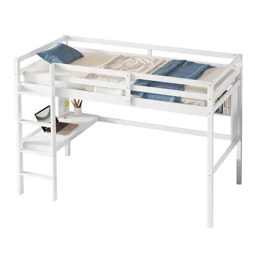 Twin Size Loft Bed with Desk, Shelves, Safety Guardrail, and Ladder, White Finish