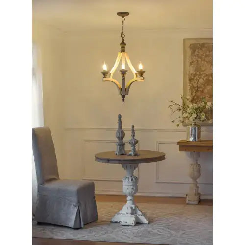 6-Light Wood Chandelier with Adjustable Chain for Kitchen & Dining Hall, Distressed White & Black Iron Fixtures, Bulb Not Included