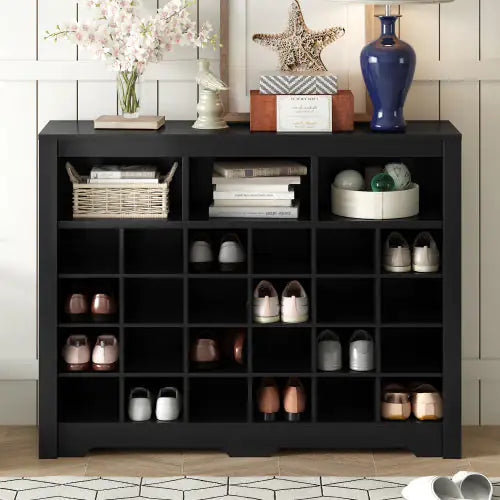 ON-TREND Modern 24-Shoe Cabinet Console, Multifunctional Sideboard with Curved Base, Black