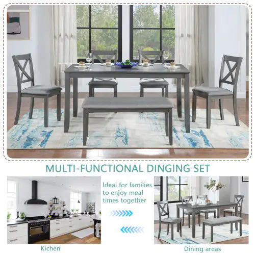 6-Piece Rectangular Dining Set, Gray Acacia Wood Table with 4 Upholstered Chairs and Bench, Seating for 6
