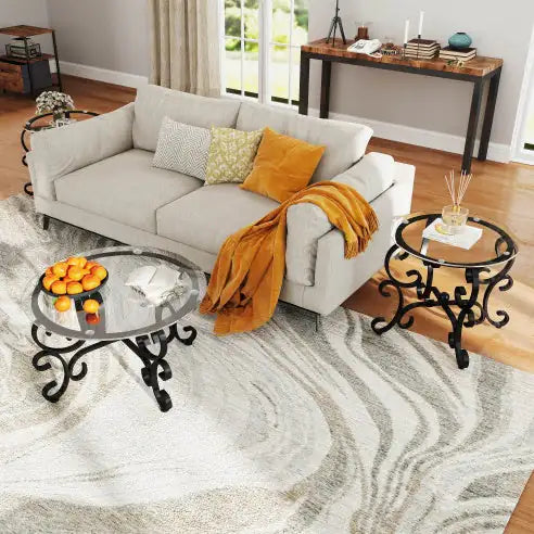 SHS-3-Piece Glass Coffee Table Set – Modern Round Coffee & End Tables with Tempered Glass Top and Metal Frame, Rustic Black Living Room Furniture