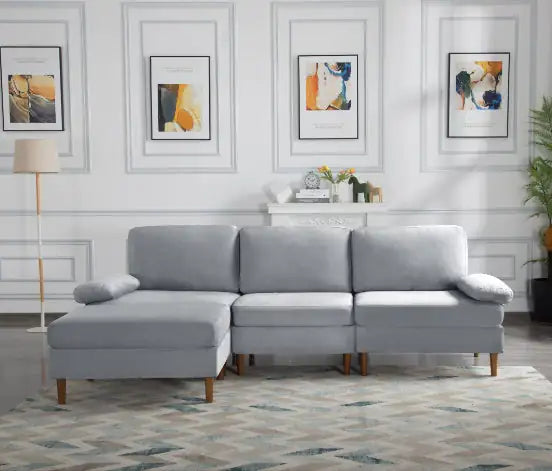 102.4" Modular Sectional Sofa with Movable Ottoman, Light Gray Velvet Sofa for Small Spaces, Apartments & Offices
