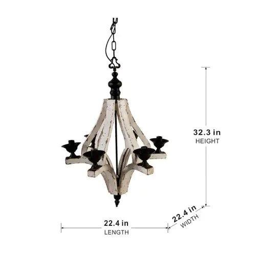 6-Light Wood Chandelier with Adjustable Chain for Kitchen & Dining Hall, Distressed White & Black Iron Fixtures, Bulb Not Included