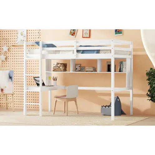 Twin Size Loft Bed with Desk, Shelves, Safety Guardrail, and Ladder, White Finish