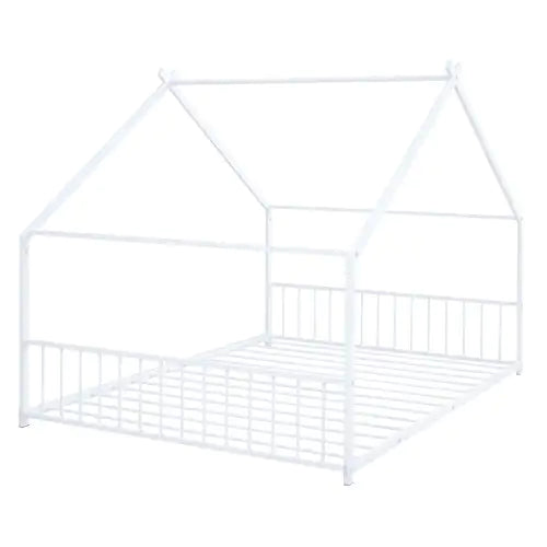 Full Size Metal House Bed, White, Sturdy Metal Frame