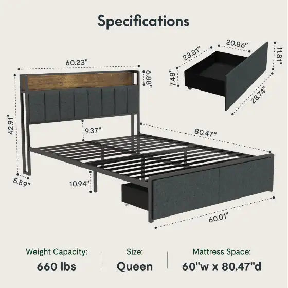 Queen Bed Frame with Charging Station & LED Lights – Upholstered Headboard with Storage Shelf, Heavy-Duty Metal Slats, No Box Spring Required