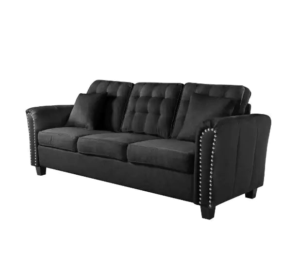 85.4" Flare Arm Sofa, Black Polyester Upholstered, Tufted Back Cushions, Removable Cushions with Silver Studs and 2 Pillows