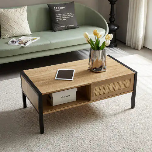 SHS-40" Natural Rattan Coffee Table with Sliding Door Storage & Metal Legs – Modern Boho Style for Living Room