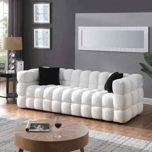 84.3" White Boucle Marshmallow Sofa, 3-Seater with Square Arms & Split Back, Medium-Soft Cushions