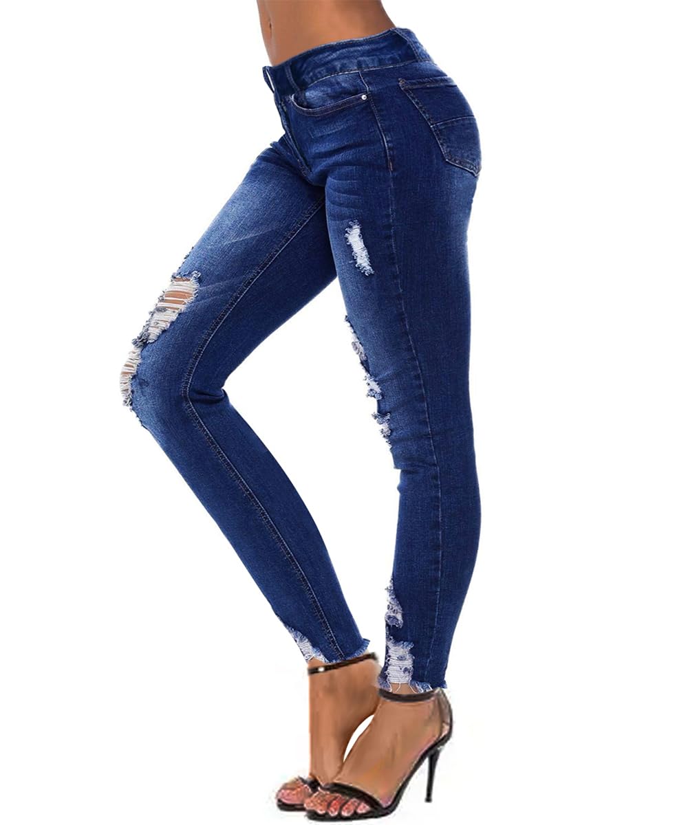 KUNMI Women's Mid Waisted Skinny Ripped Jeans Slim Fit Distressed Stretchy Denim Pants