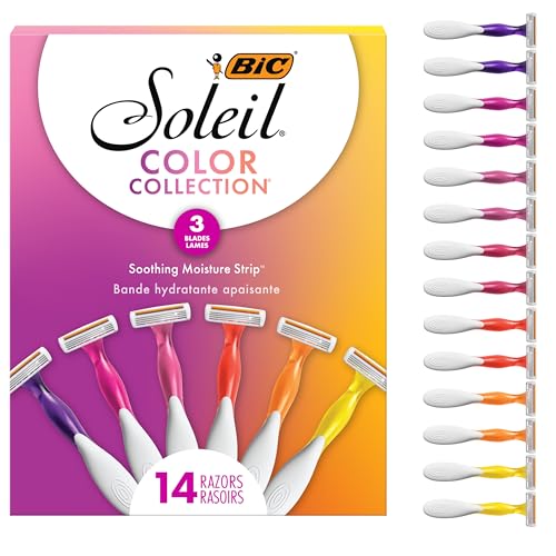 BIC Soleil 3 Colors Women's Disposable Razors With Aloe Vera and Vitamin E Lubricating Strip for Enhanced Glide, With 3 Blades, 14 Count