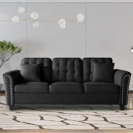 85.4" Flare Arm Sofa, Black Polyester Upholstered, Tufted Back Cushions, Removable Cushions with Silver Studs and 2 Pillows