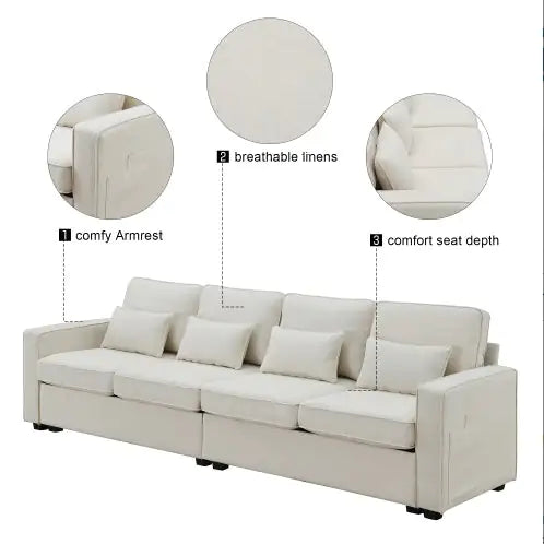 104" Modern 4-Seater Linen Fabric Sofa with Storage Pockets & Pillows – Minimalist Couch for Living Room, Apartment, Office – Beige
