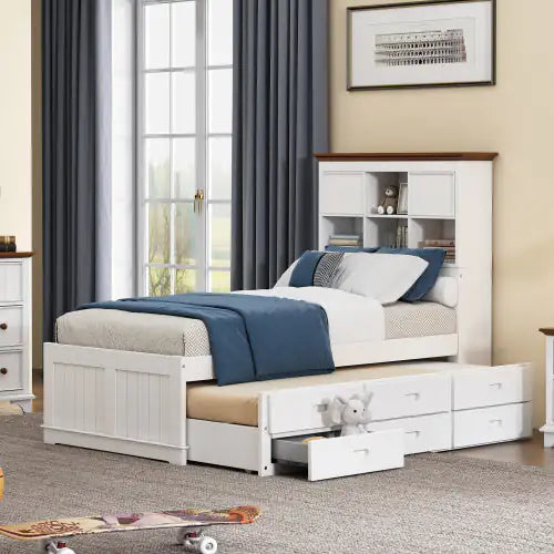 Solid Pine Captain Bookcase Bed with Trundle & 3 Spacious Drawers, Twin, White & Walnut