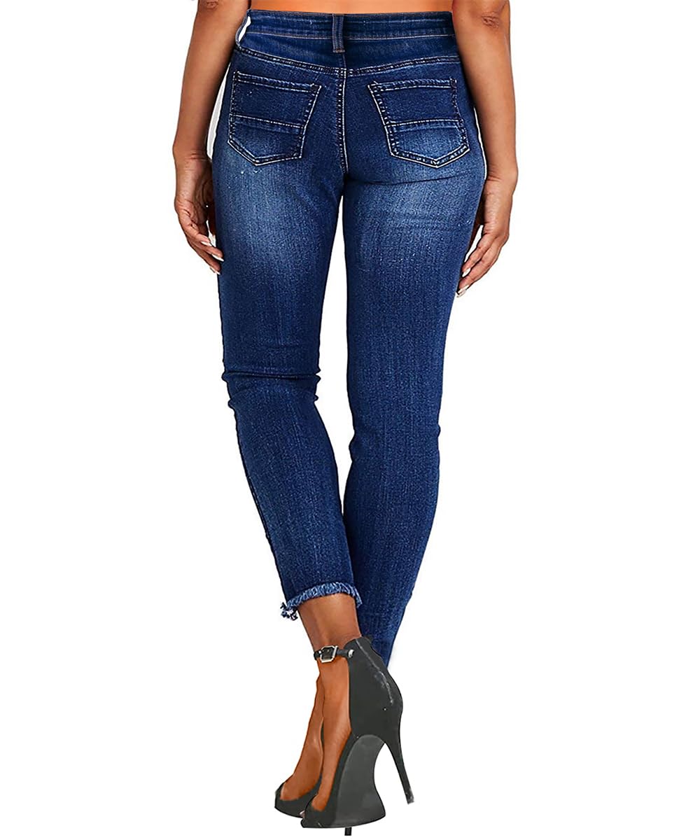 KUNMI Women's Mid Waisted Skinny Ripped Jeans Slim Fit Distressed Stretchy Denim Pants