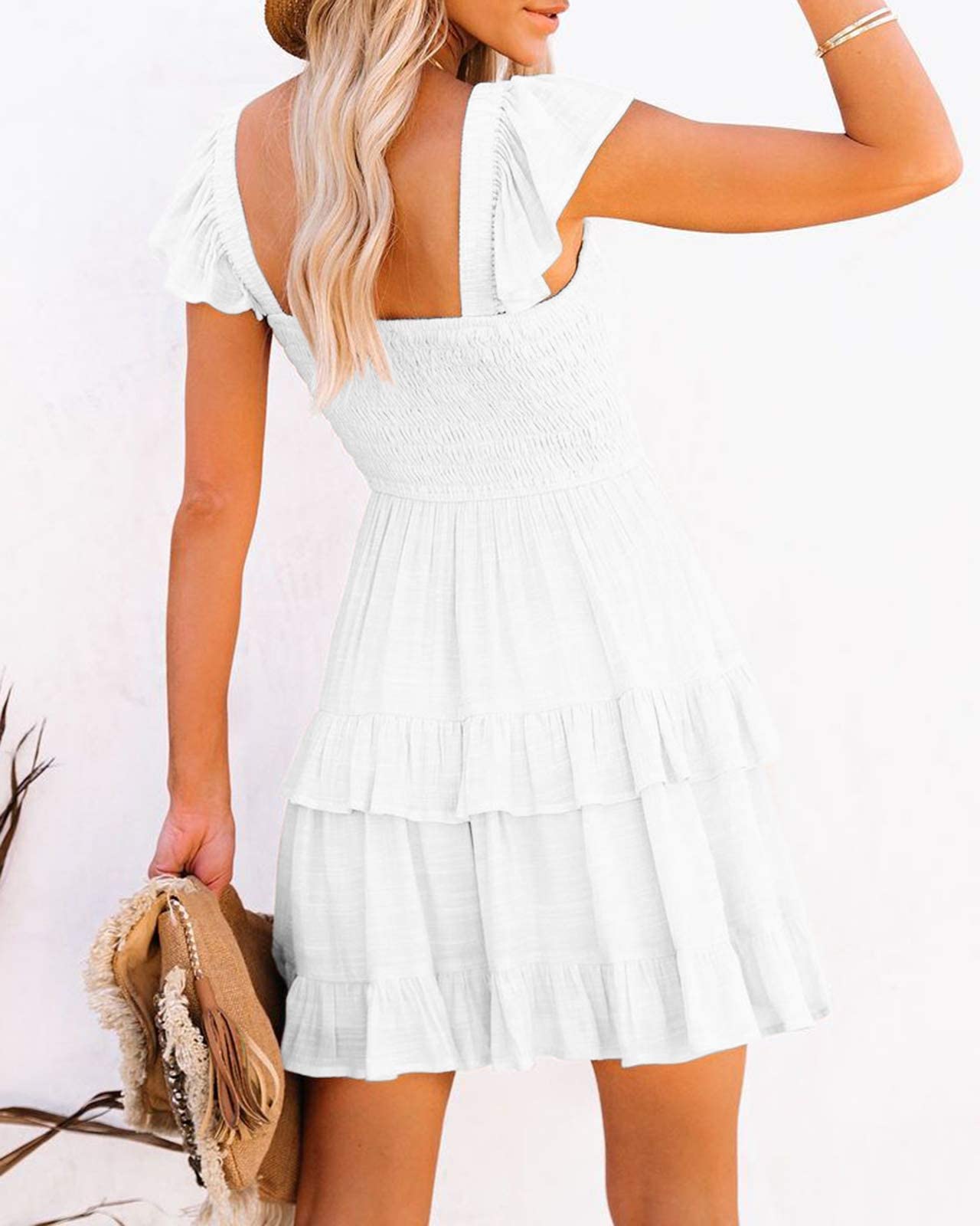 Fessceruna Womens Summer Dresses Casual Boho Smocked Ruffle Beach Babydoll Mini Dress Layered Flowy Swing Dress A-White