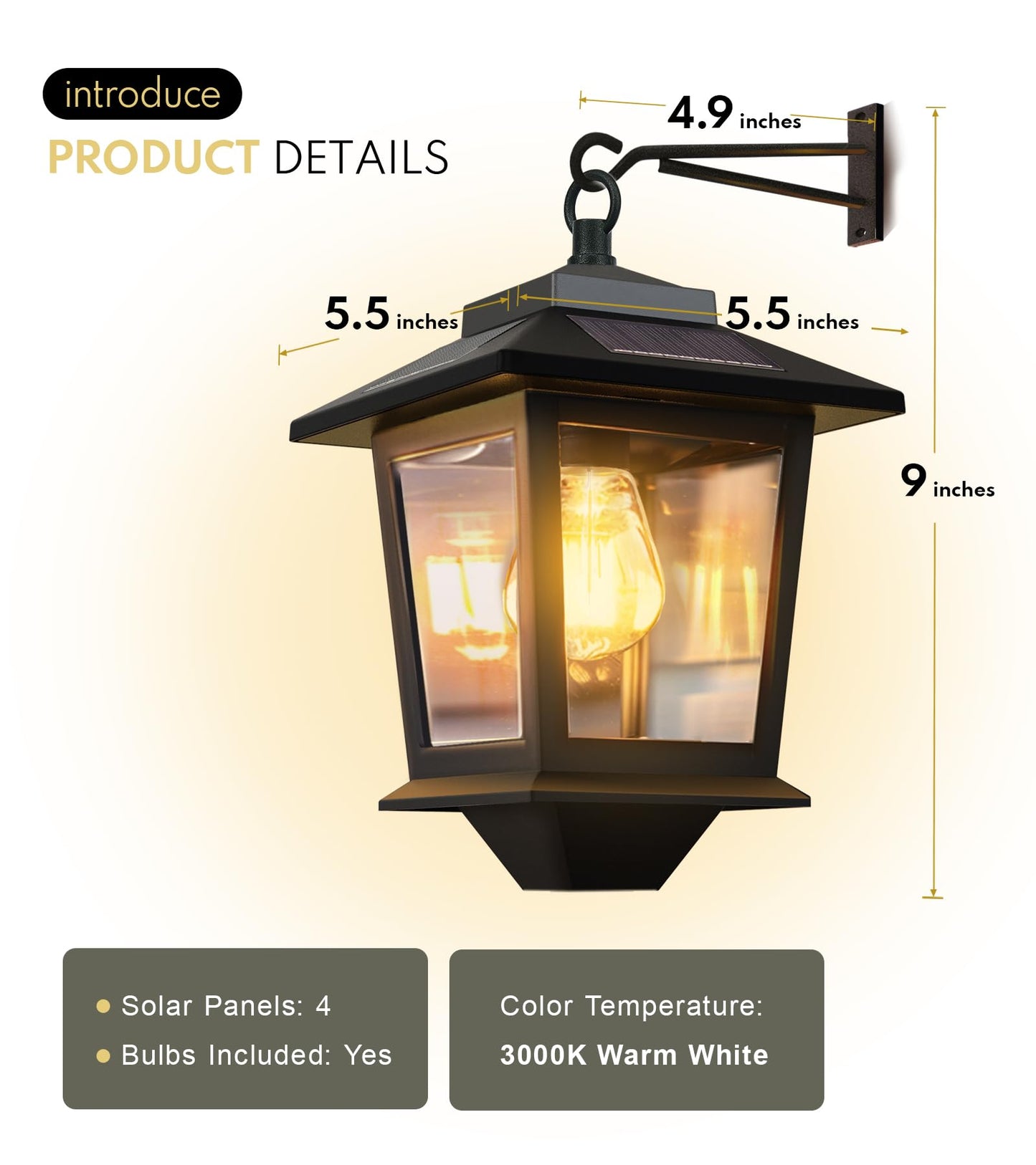 PASAMIC 2 Pack Solar Wall Lanterns,Outdoor Hanging Lights with 4 Solar Panels,Dusk to Dawn Led Outdoor Wall Sconce, Anti-Rust Waterproof Lanterns with Hooks,3000K Warm White