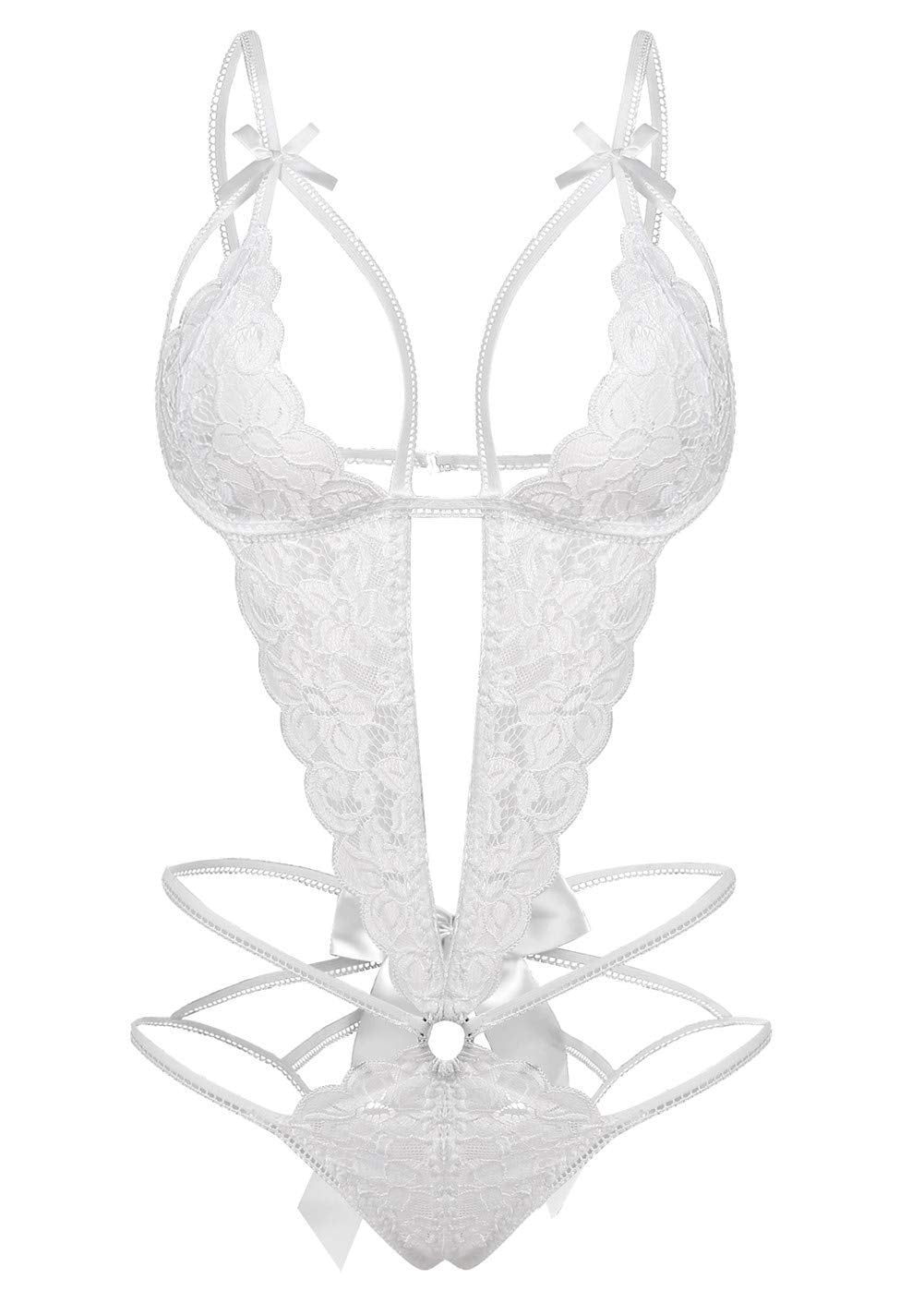 Donnalla Lingerie for Women Deep V Lace Teddy One Piece Lingerie Bodysuit Babydoll Teddy Underwear White Small