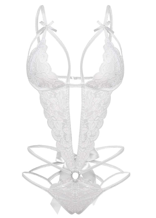 Donnalla Lingerie for Women Deep V Lace Teddy One Piece Lingerie Bodysuit Babydoll Teddy Underwear White Small