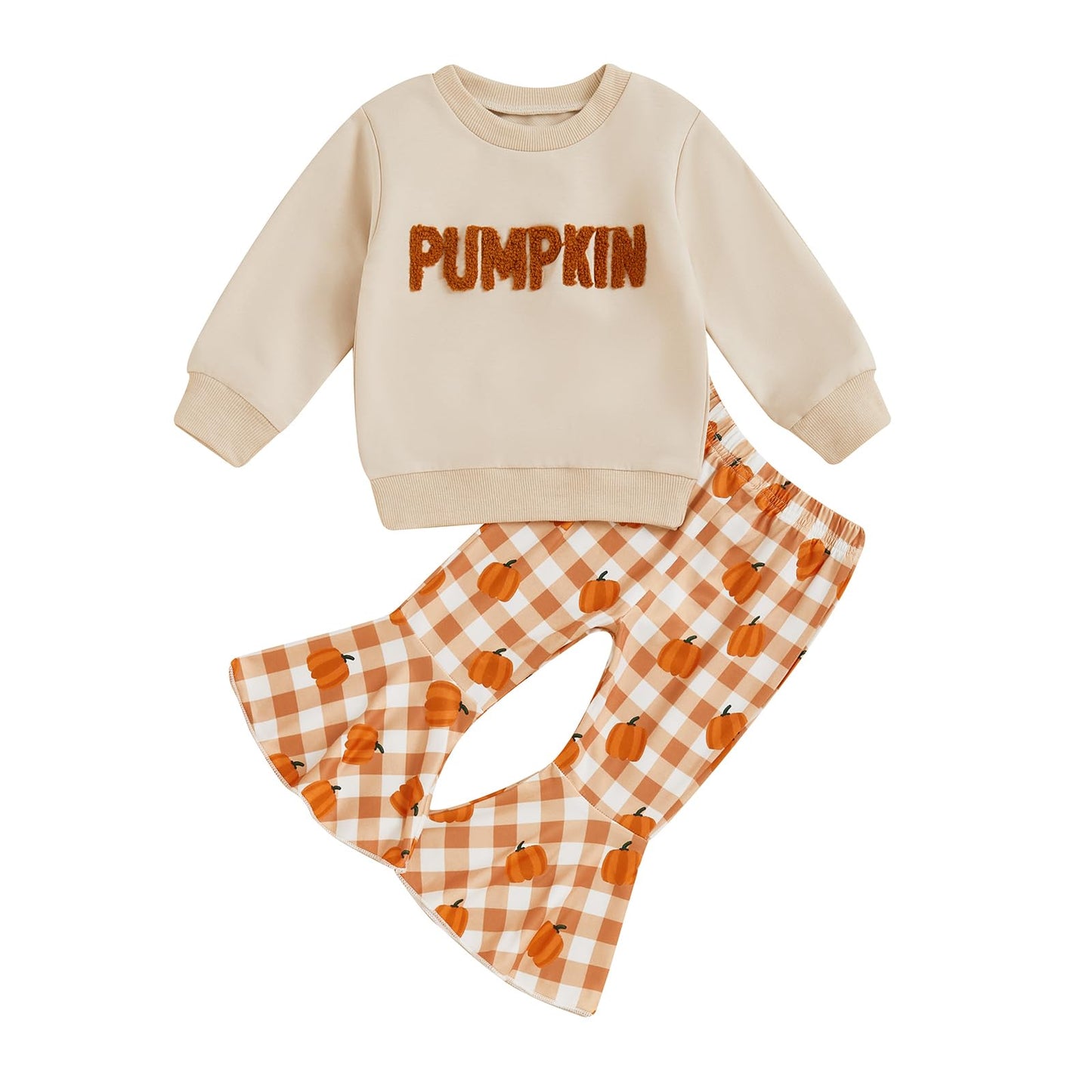 Toddler Baby Girl Halloween Outfit Fall Pullover Sweatshirt Top Flared Pants Set Cute 2 Piece Bell Bottom Outfit (Pumpkin Beige, 3-4T)