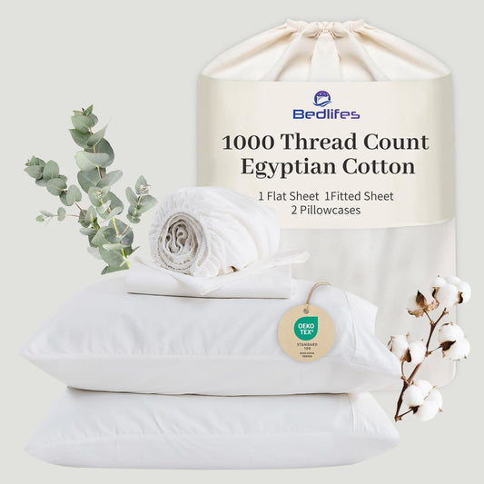 Bedlifes Egyptian Cotton Sheets 1000 Thread Count Queen Size, 4-Piece 16" Deep Pocket - Cooling & Breathable Ultra Soft Bedding for Hotel Comfort (White)