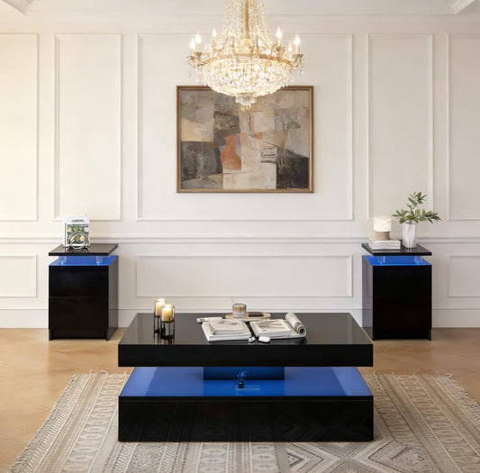 Nordivale 3-Piece Modern Living Room Table Set, Includes LED Coffee Table and End Tables Set of 2 with Storage Drawers, Black