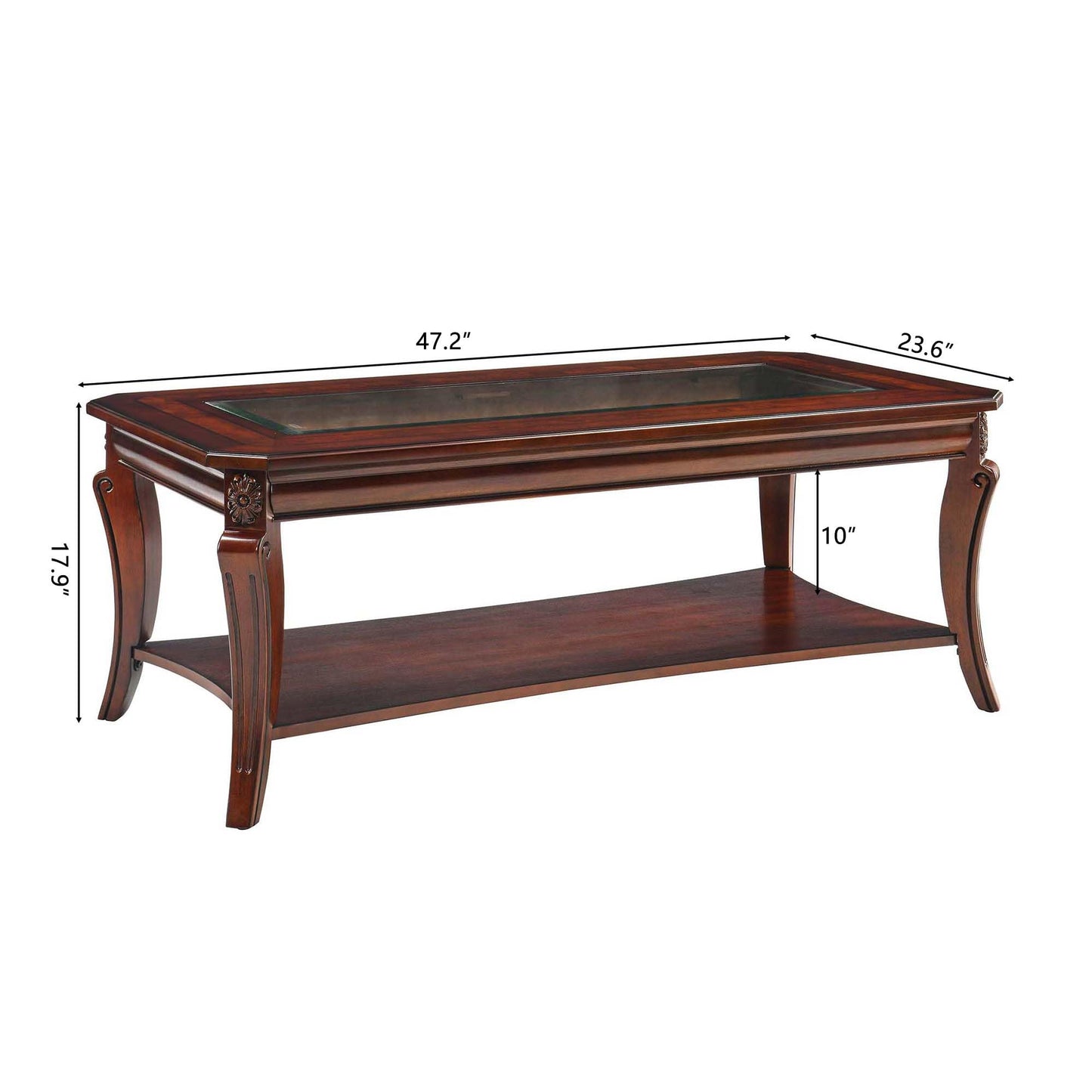 Living Room Tables Set of 3- One Coffee Table and Two End Table with Tempered Glass Top, Mid-Century Sofa Beside Table and Center Table with Carved Legs, Easy Assembly Cherry Brown KFZ-CJZ-A1168-GT