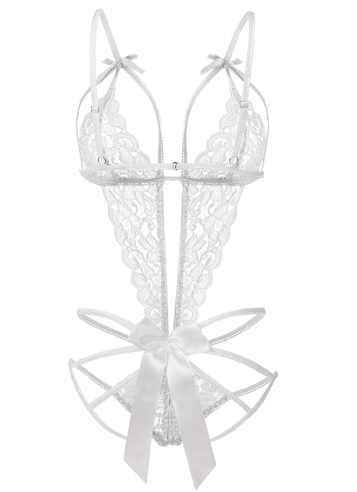 Donnalla Lingerie for Women Deep V Lace Teddy One Piece Lingerie Bodysuit Babydoll Teddy Underwear White Small